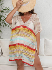 Striped Batwing Sleeve V Neck Beach Cover Up