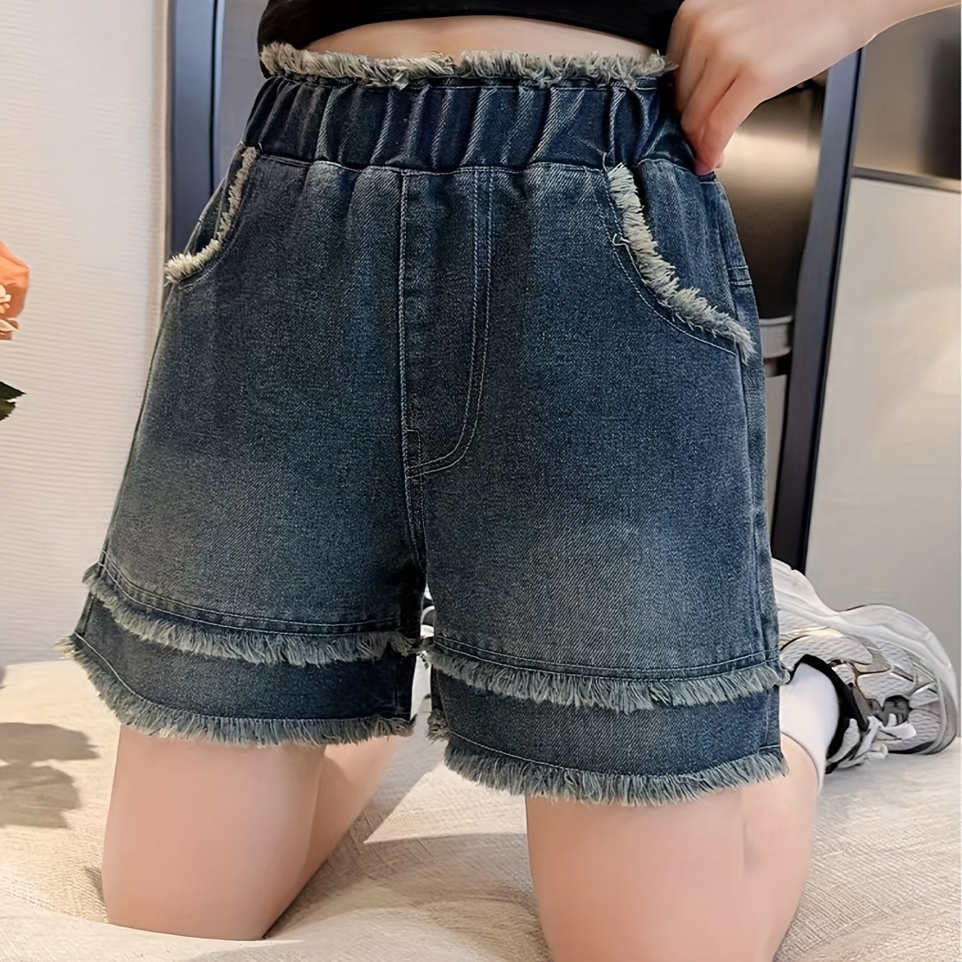 Vintage Denim Shorts with Raw Trims, Elastic Waist, Summer Kids Outfit