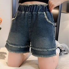 Vintage Denim Shorts with Raw Trims, Elastic Waist, Summer Kids Outfit