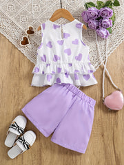 2pcs Toddler Girls Heart Graphic Peplum Tank Top & Button Shorts Set