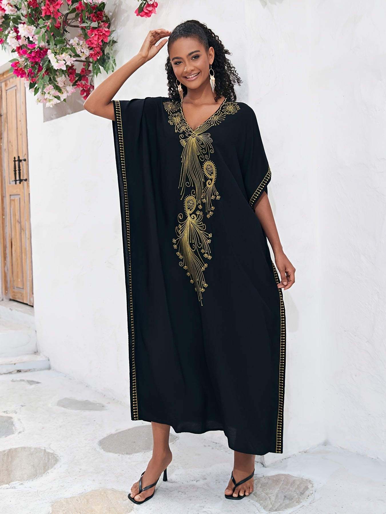 Boho Abaya Dress Women's Plus Golden Embroidered Bat Sleeve V Neck Max