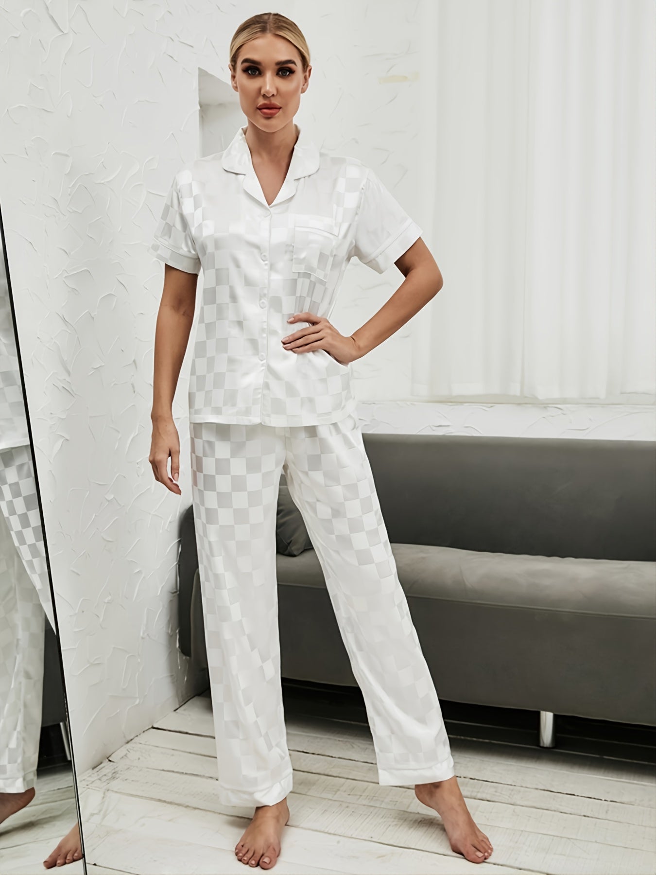 Checkerboard Satin Short Sleeve Pajama Set