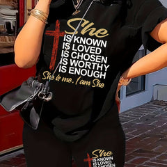 Women's Plus Size Slogan & Cross Print Tee & Shorts 2 Piece Set