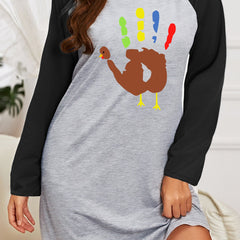 Plus Size Thanksgiving Nightdress Turkey & Palm Print Raglan Sleeve Sleep Dress