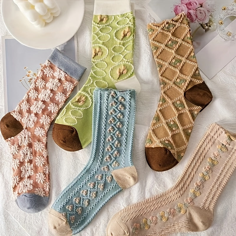 6 Pairs Textured Floral Socks Women's Mid Tube Stockings & Hosiery