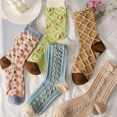 6 Pairs Textured Floral Socks Women's Mid Tube Stockings & Hosiery