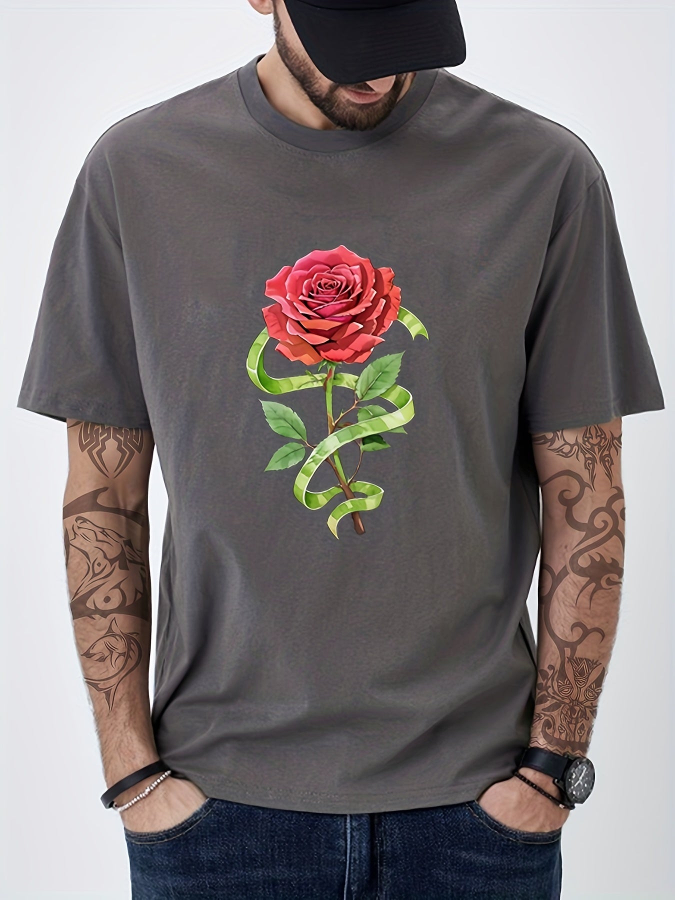 Cotton Rose Print Men's Graphic Crew Neck T shirt Casual Comfy Tees