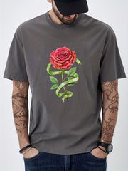 Cotton Rose Print Men's Graphic Crew Neck T shirt Casual Comfy Tees