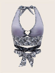 Skull Print Halter Neck Bikini Top