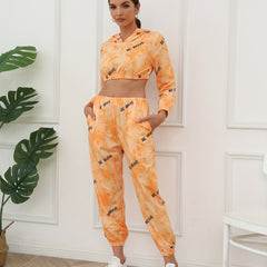 2pcs Sports Letter Graphic Hooded Crop Top & Pants Set Women's Activewear