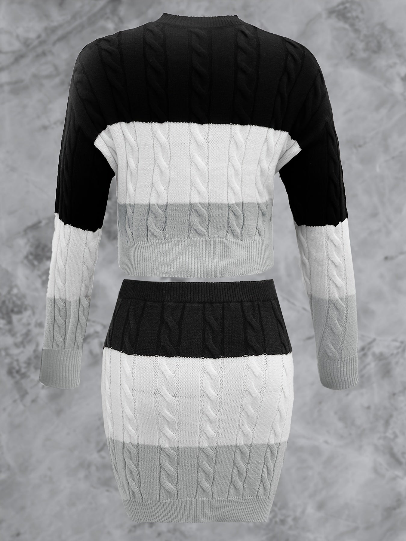 Colorblock Cable Sweater & Bodycon Skirt Set