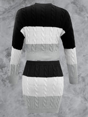 Colorblock Cable Sweater & Bodycon Skirt Set