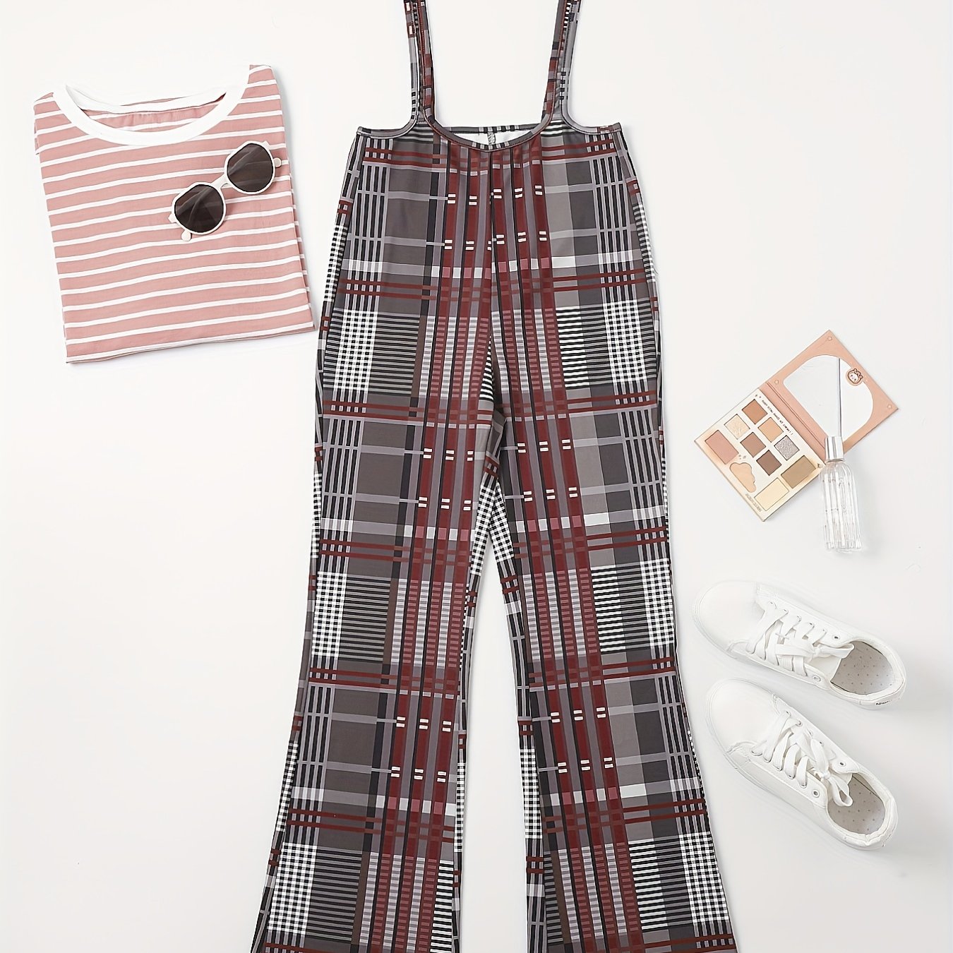 Plaid Print Wide Leg Overalls