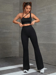 2Pcs Solid Asymmetrical Neck Crop Top & High Waist Seamless Running Pant Set