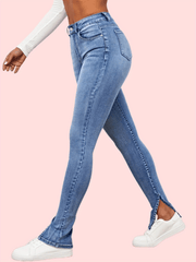 High Waist Skinny Jeans Split High Rise Slim Fit Slash Pockets Denim Pants