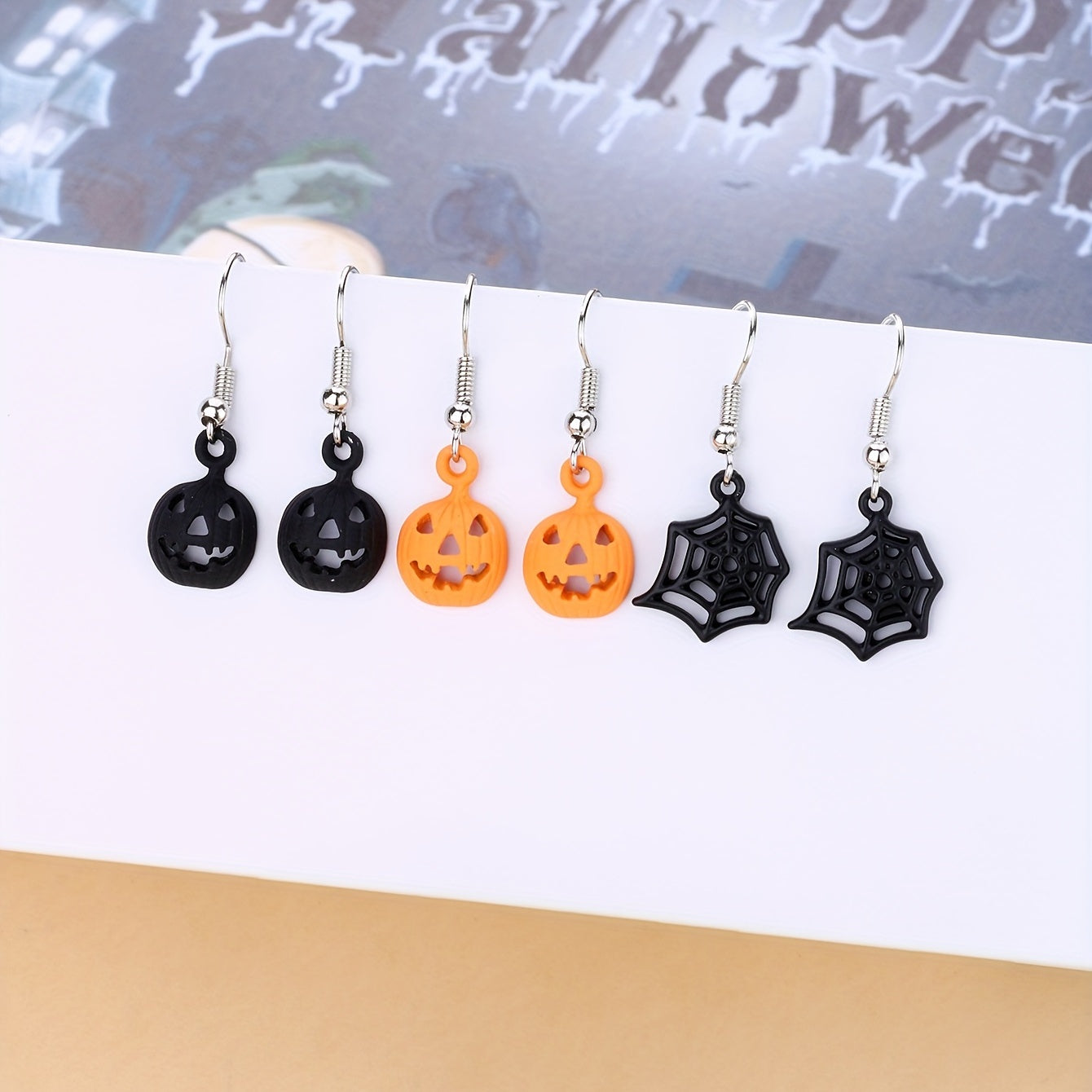 3 Pairs Halloween Pumpkin Spider Web Orange Earrings Set