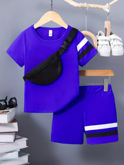 3pcs Boys Casual Stripe Short Sleeve T shirt&Shorts&Crossbody Bag Set