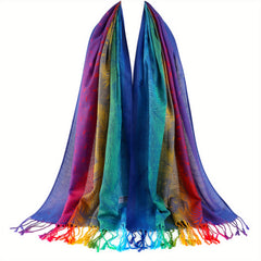Gradient Fringed Scarf Long Print Warm Shawl Sunscreen Satin Shawl Wraps