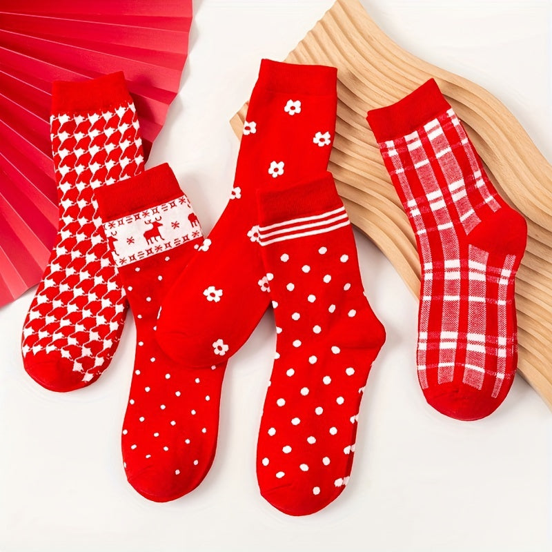 5 Pairs Polka Dot & Plaid Socks Women's Christmas Mid Tube Stockings