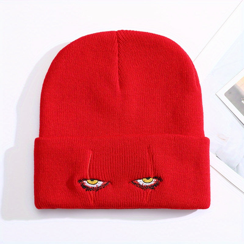 Horror Clown Eyes Cartoon Embroidery Knitted Hat with Woolen Cover