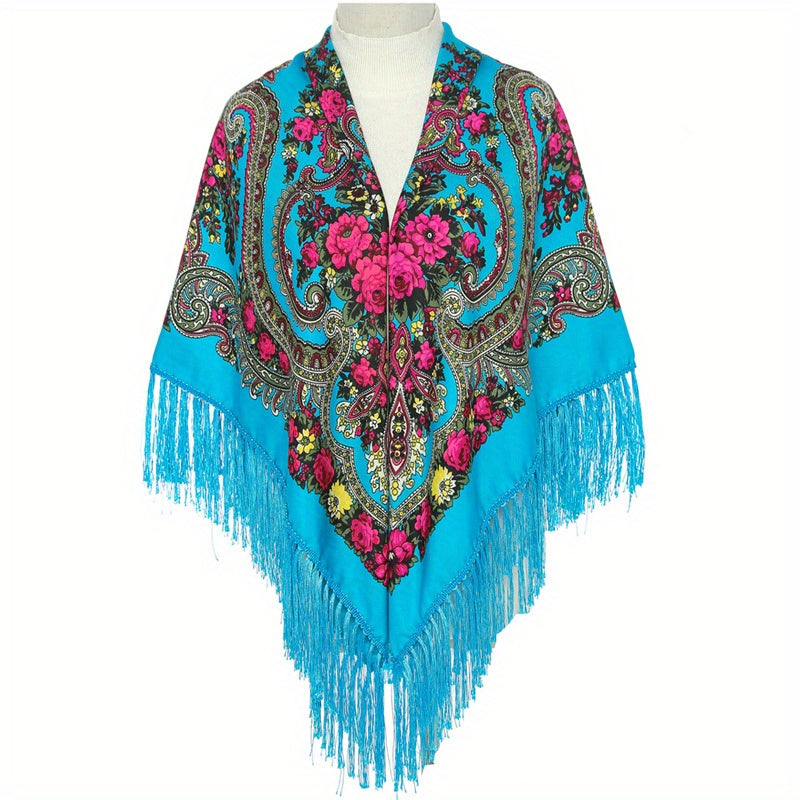Boho Retro Large Square Scarf Floral Printing Tassel Headband Winter Shawl