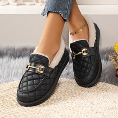 Women's Metal Buckle Fleece Loafers Slip On Shoes