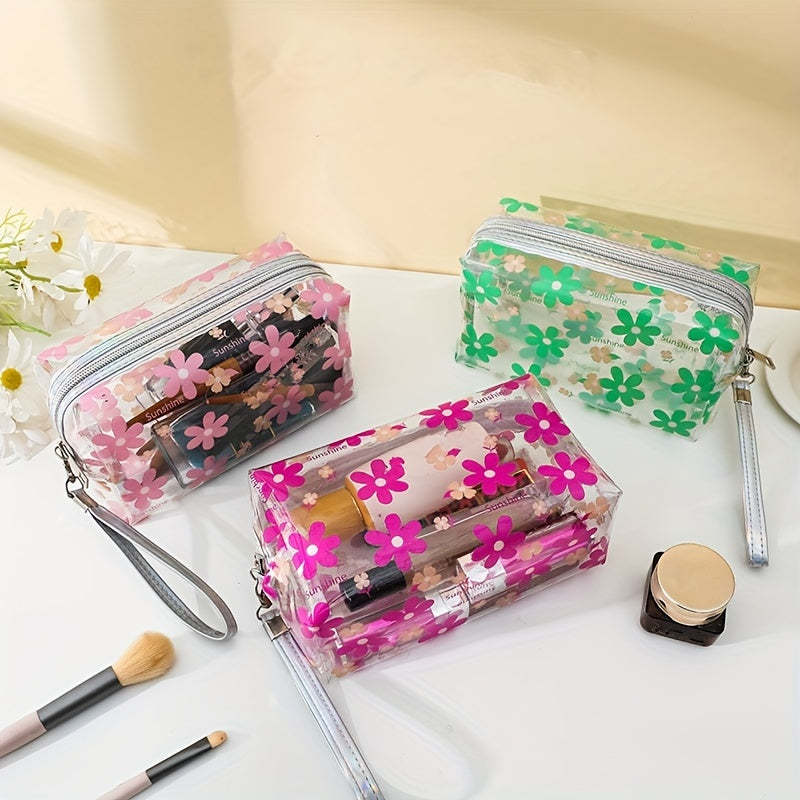Floral Pattern PVC Makeup Bag Clear Cosmetic Bag With Wrist Strap