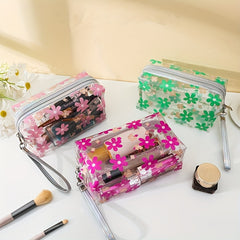 Floral Pattern PVC Makeup Bag Clear Cosmetic Bag With Wrist Strap