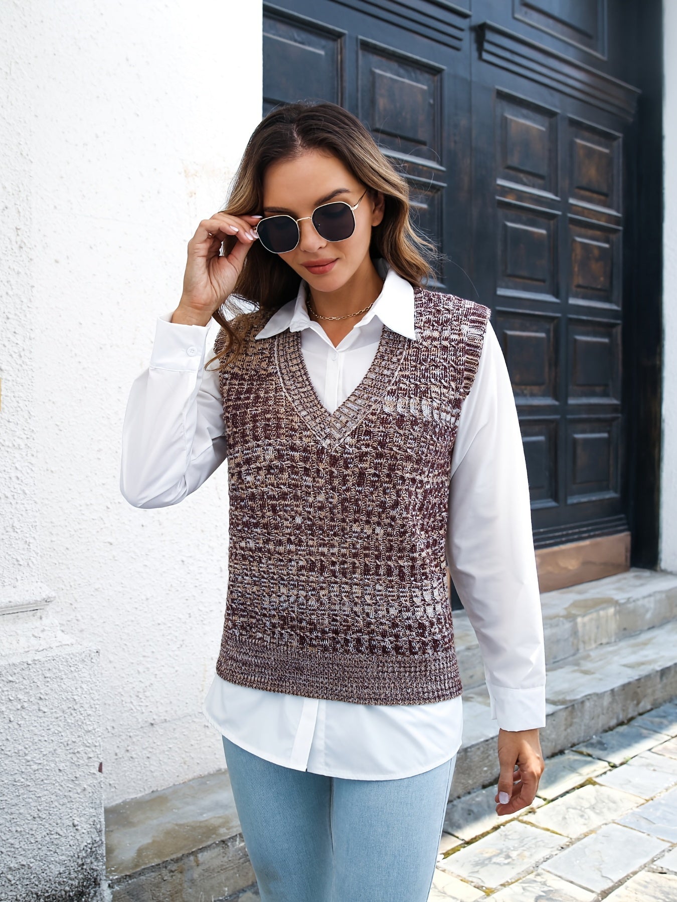 Women's V Neck Sleeveless Knitted Vest Casual Top