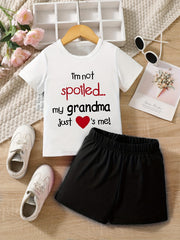 2pcs Girls Clothes Grandma Loves Me Graphic T Shirt Top & Shorts Set