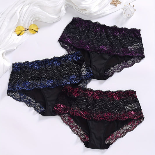 3 Pack Plus Size Sexy Lace Briefs Set Women's Plus Floral Embroidered