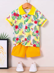Boys Hawaii Tropical Leaf Print Shirt&Shorts Set, Summer Kids Clothing