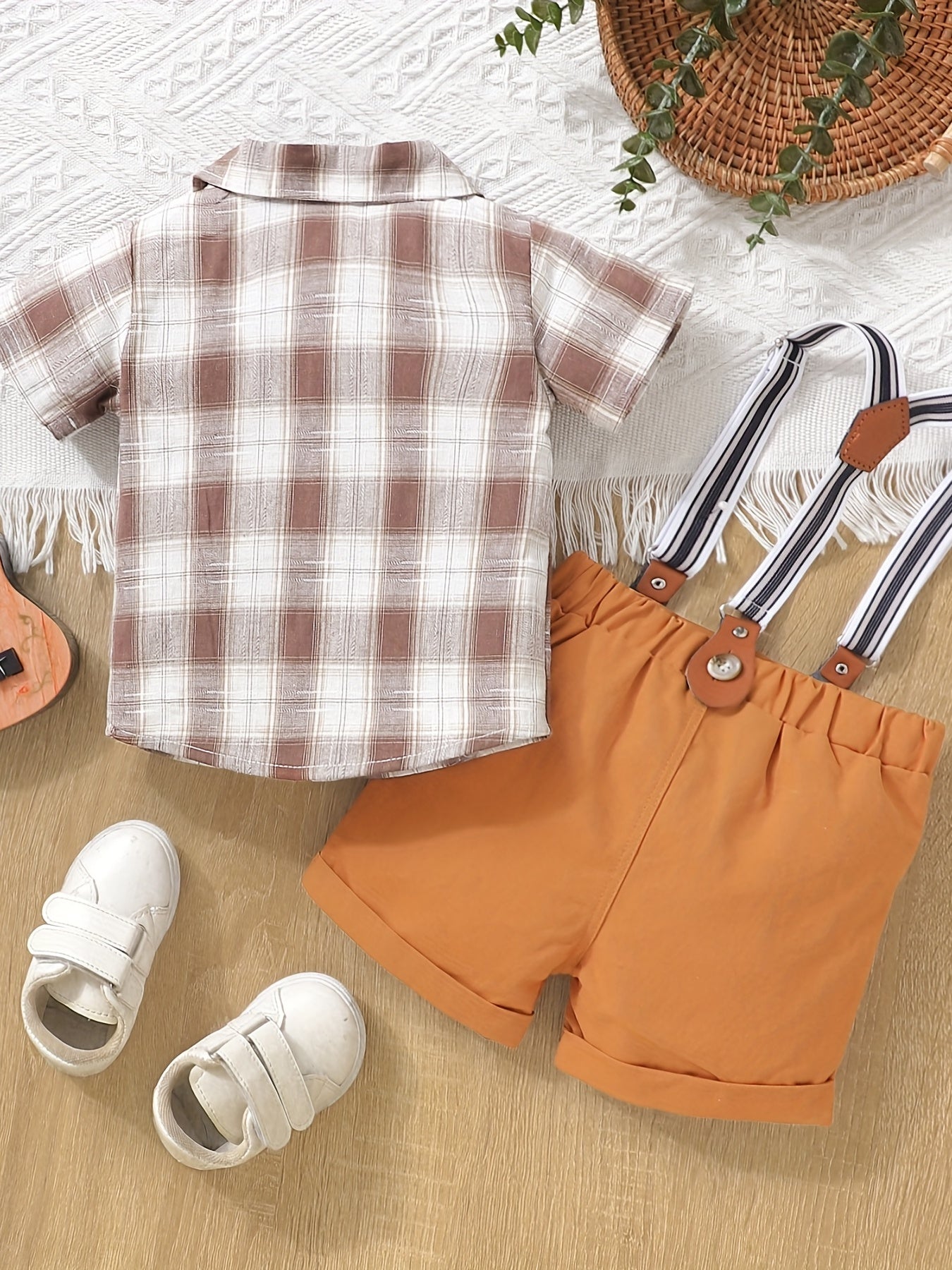 Boy's Plaid Shirt & Short Bi Pants Set Handsome Party Dress Up