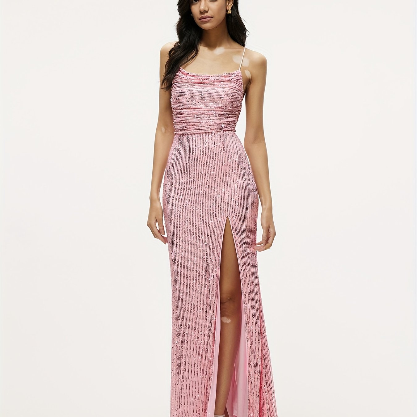 Glitter Sequined Split Cami Bridesmaid Dress Backless Dress For Wedding Party