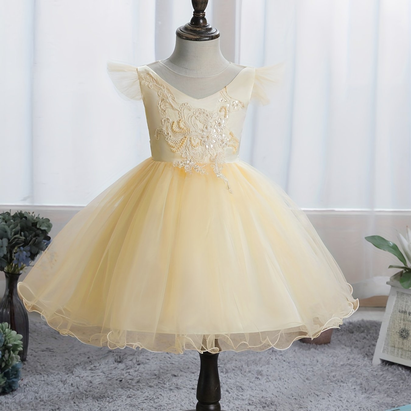 Baby Girls Floral Embroidery Mesh Gown Dress For Party Gift