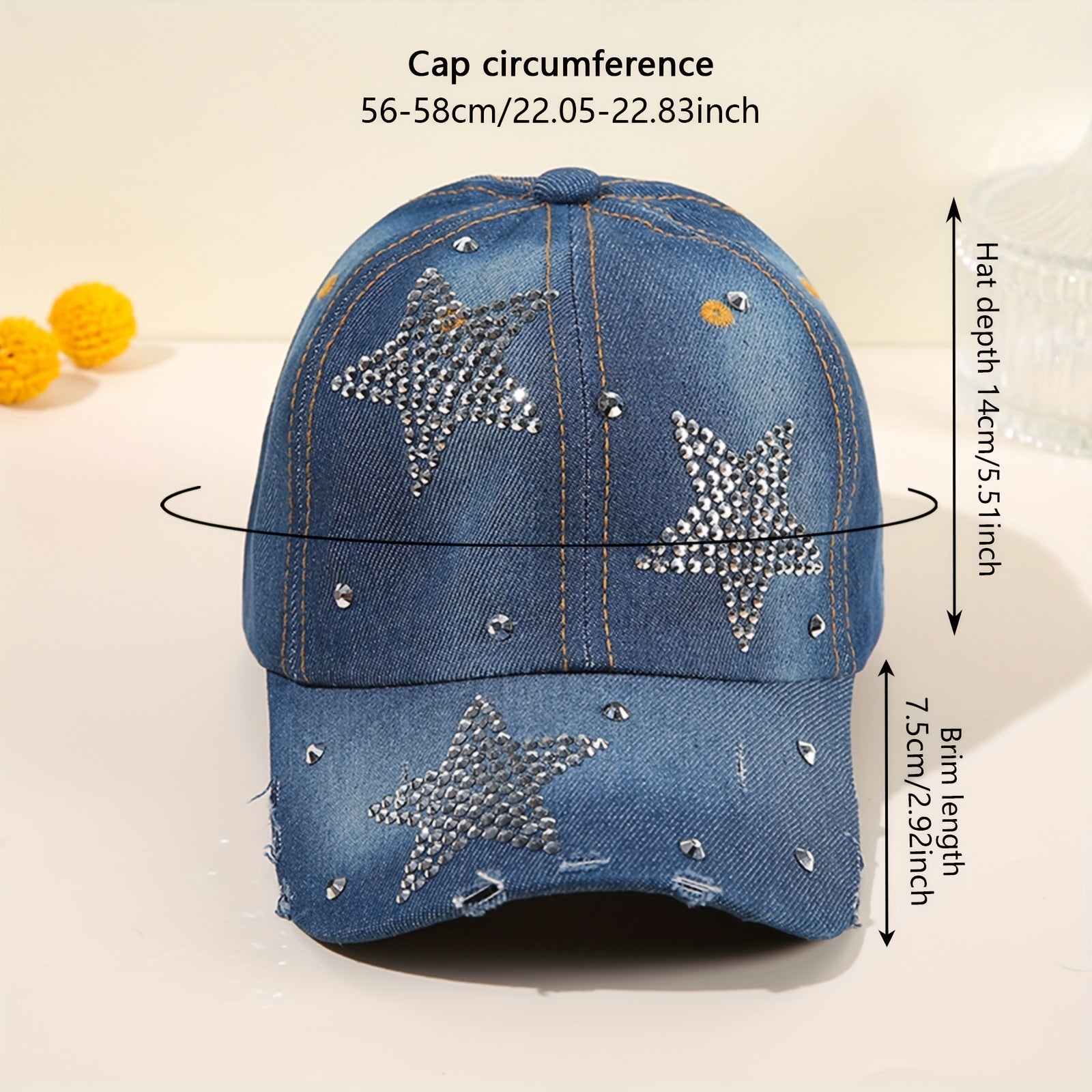 Distressed Denim Baseball Cap with Pentagram Rhinestone