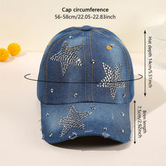 Distressed Denim Baseball Cap with Pentagram Rhinestone