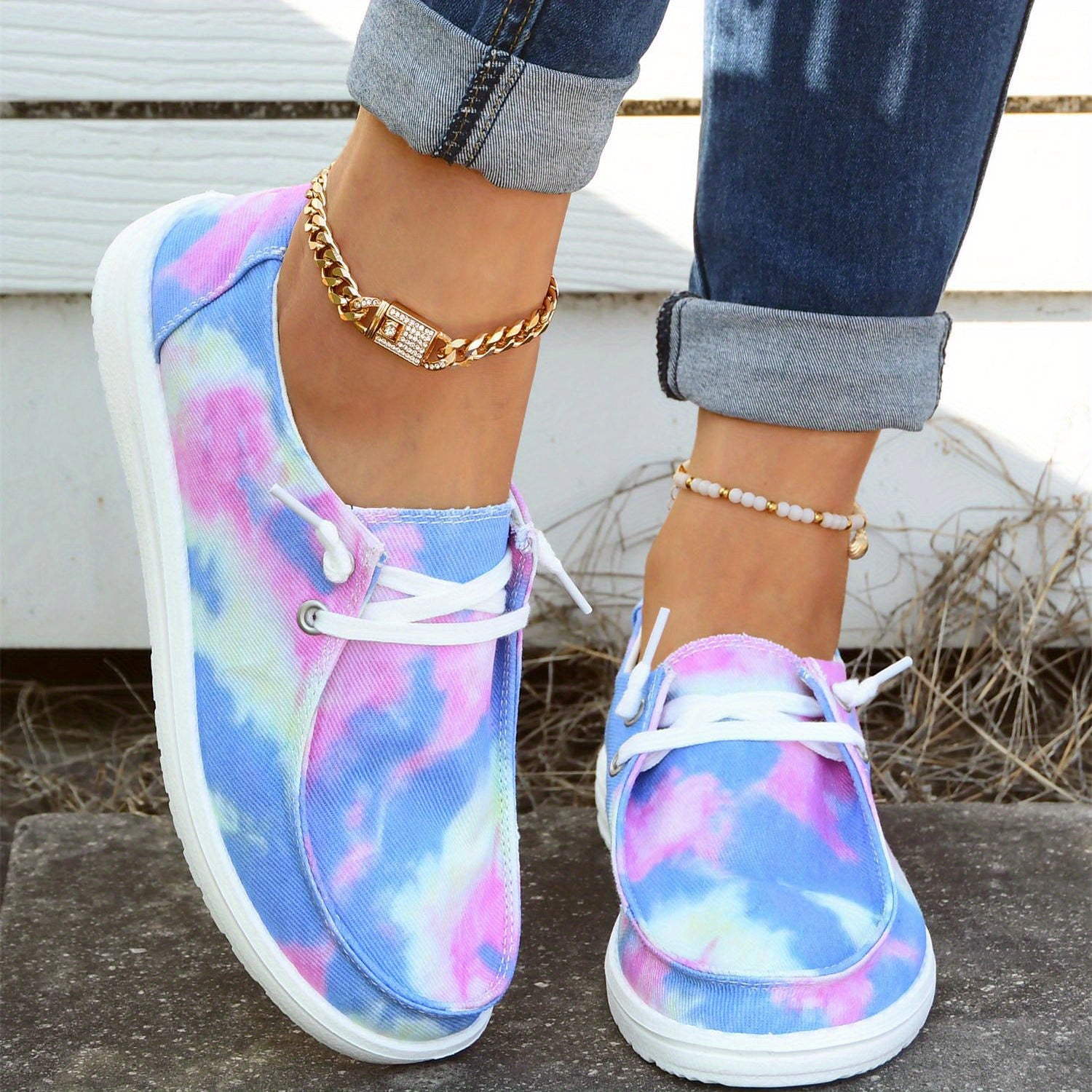 Women's Tie Dye Boat Shoes Lightweight Canvas Comfy Flat Walking Shoes