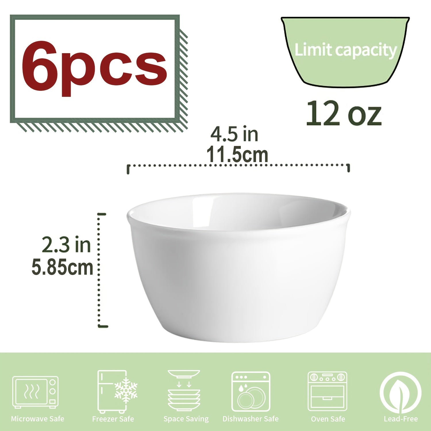 Set of 6 Ceramic Ice Cream & Cereal Bowls Porcelain Soup Bowls 12 Oz Small
