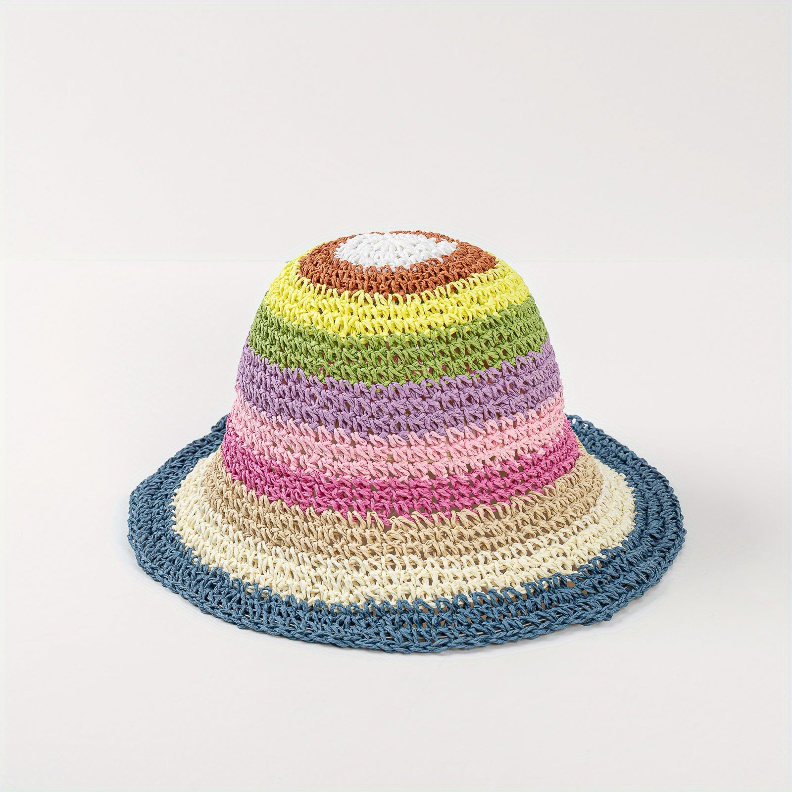 Rainbow Striped Sun Hat Boho Crochet Straw Cloche Hat LGBT Pride Bucket Hat