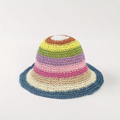 Rainbow Striped Sun Hat Boho Crochet Straw Cloche Hat LGBT Pride Bucket Hat