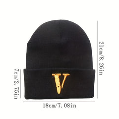 Unisex V Embroidery Knitted Hat Ski Pullover Hat