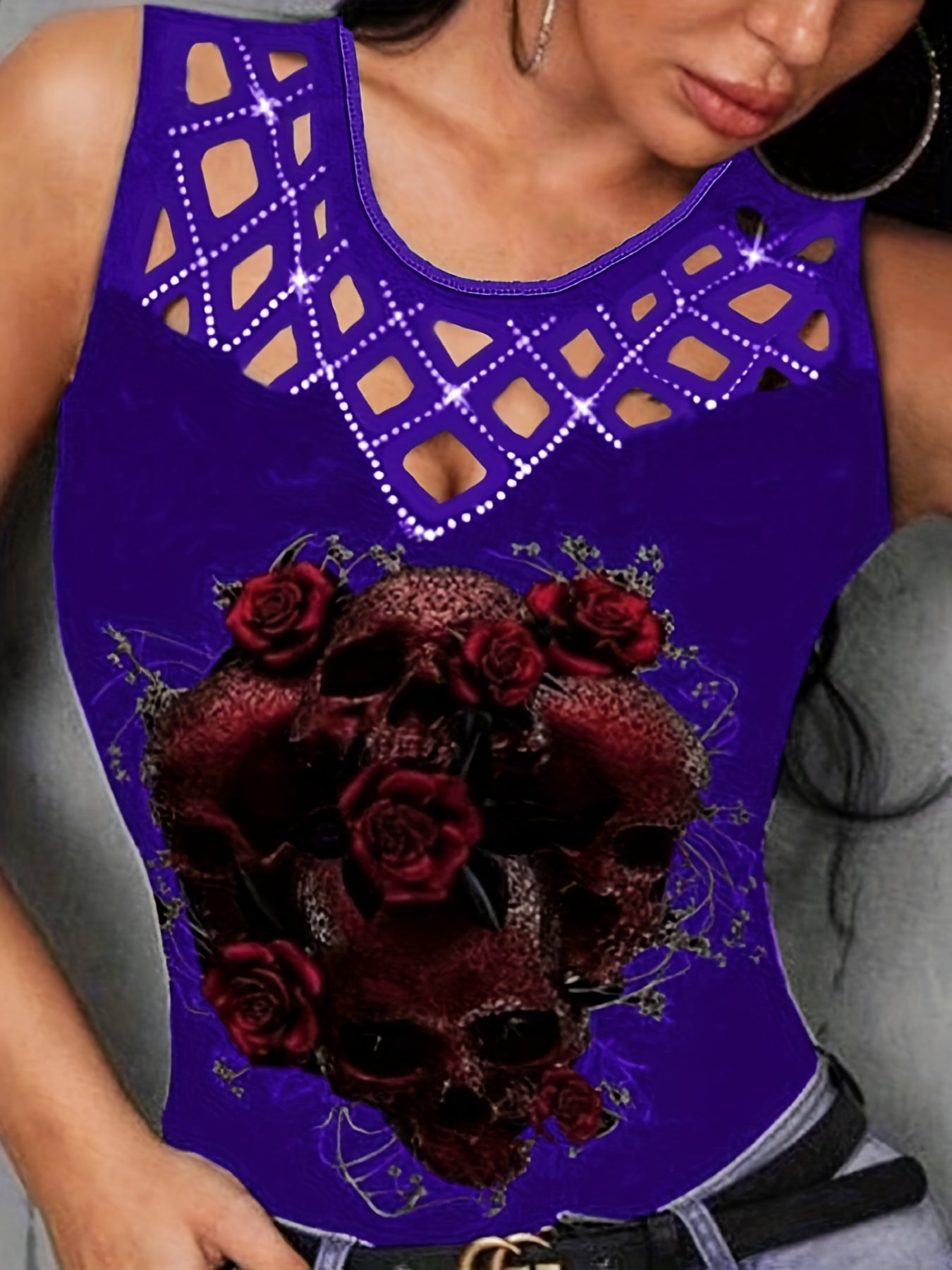 Cutout Flower Print Tank Top Sleeveless Summer Top