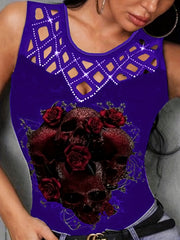 Cutout Flower Print Tank Top Sleeveless Summer Top