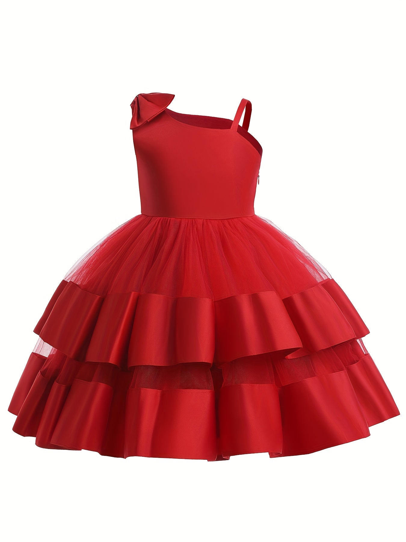 Girls Satin Stitch Tulle Princess Dress with Bow - Special Occasions