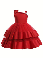 Girls Satin Stitch Tulle Princess Dress with Bow - Special Occasions