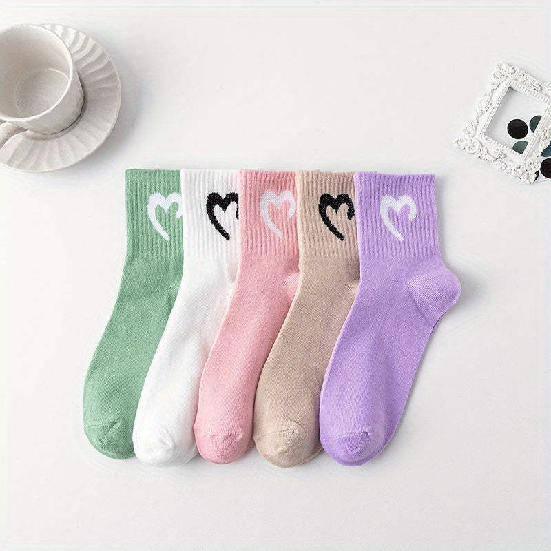 5 Pairs Heart Print Socks Comfy & Breathable Women's Stockings & Hosiery