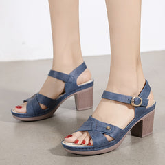 Faux Leather Ankle Straps Open Toe Sandals with Buckle Heel