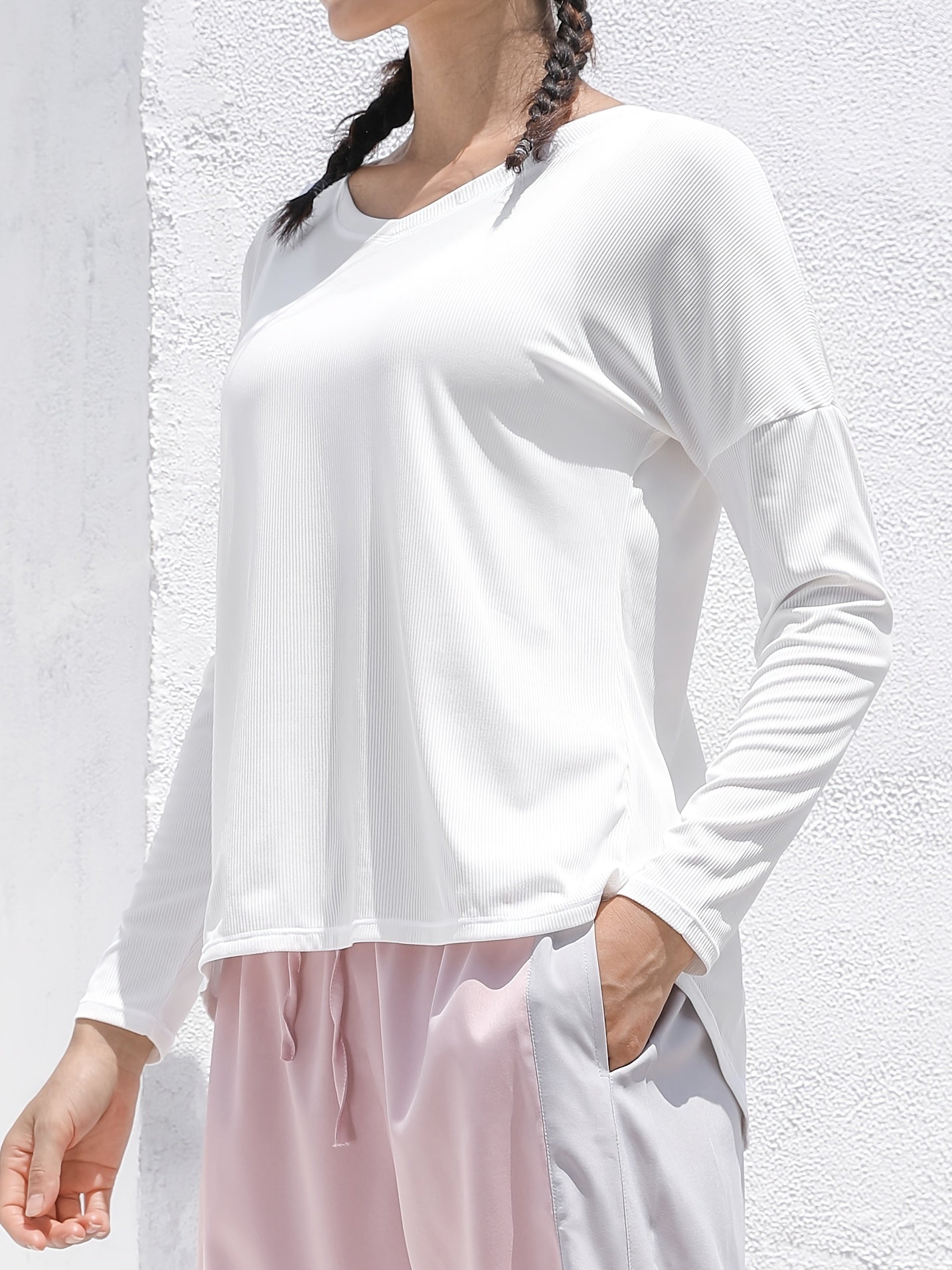 Women's Loose Solid Long Sleeve Crew Neck T Shirt Quick Drying Sports Top