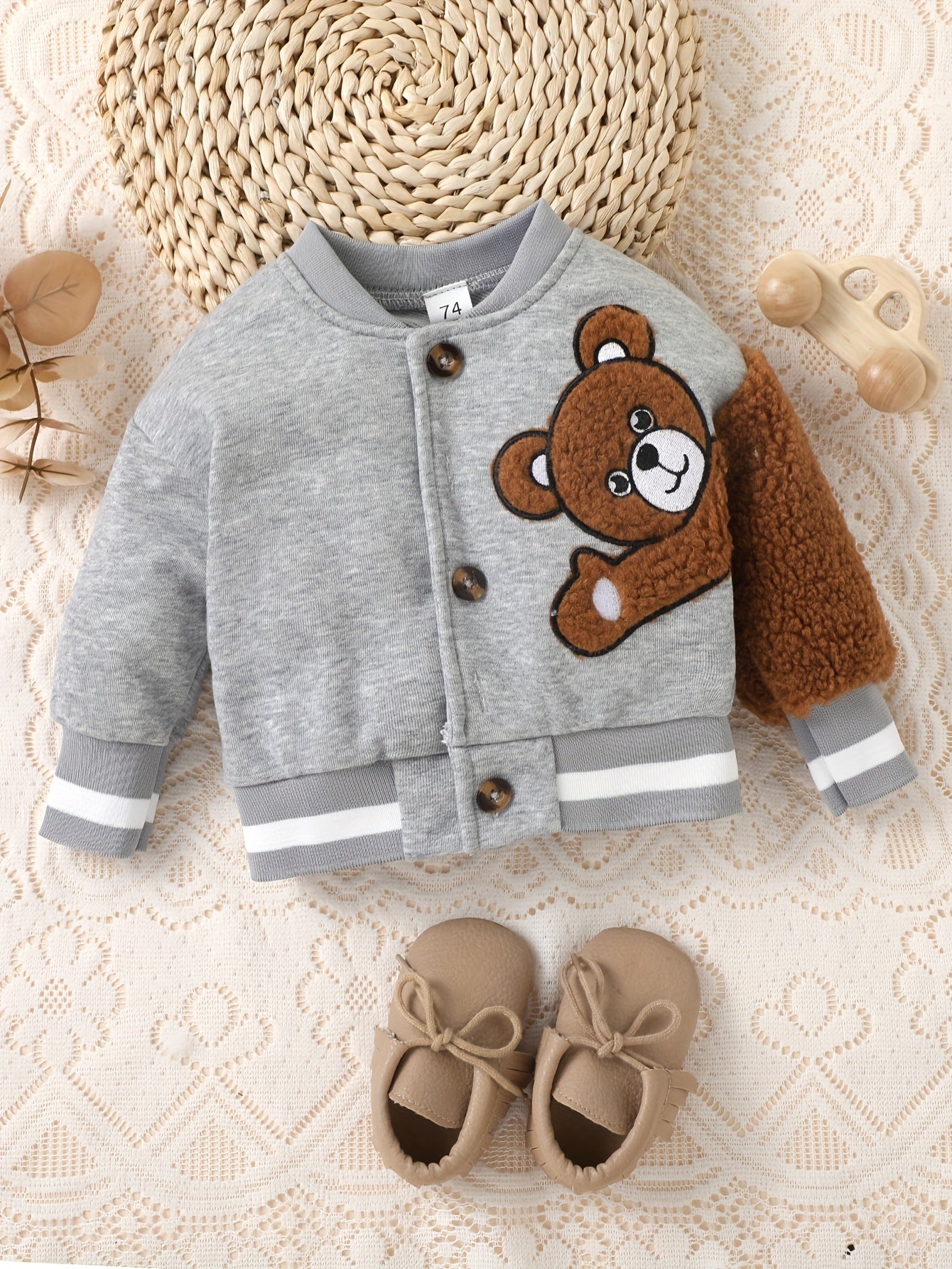 Baby Adorable Bear Embroidered Jacket Kids Single Breasted Long Sleeve Coat